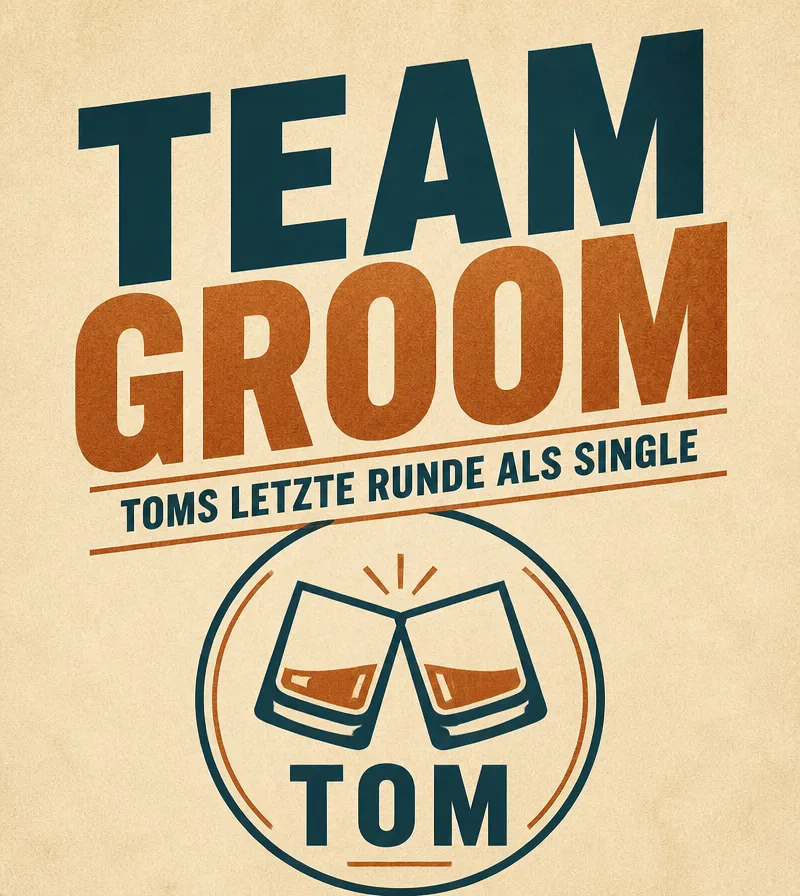 Team-Groom-Etikett mit Cheers-Icon in Petrol und Sand