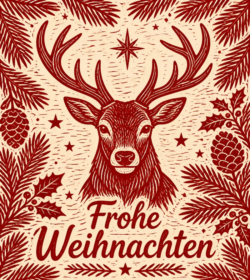 Weihnachtsschnaps Etikett im Linolschnitt-Stil mit Hirsch