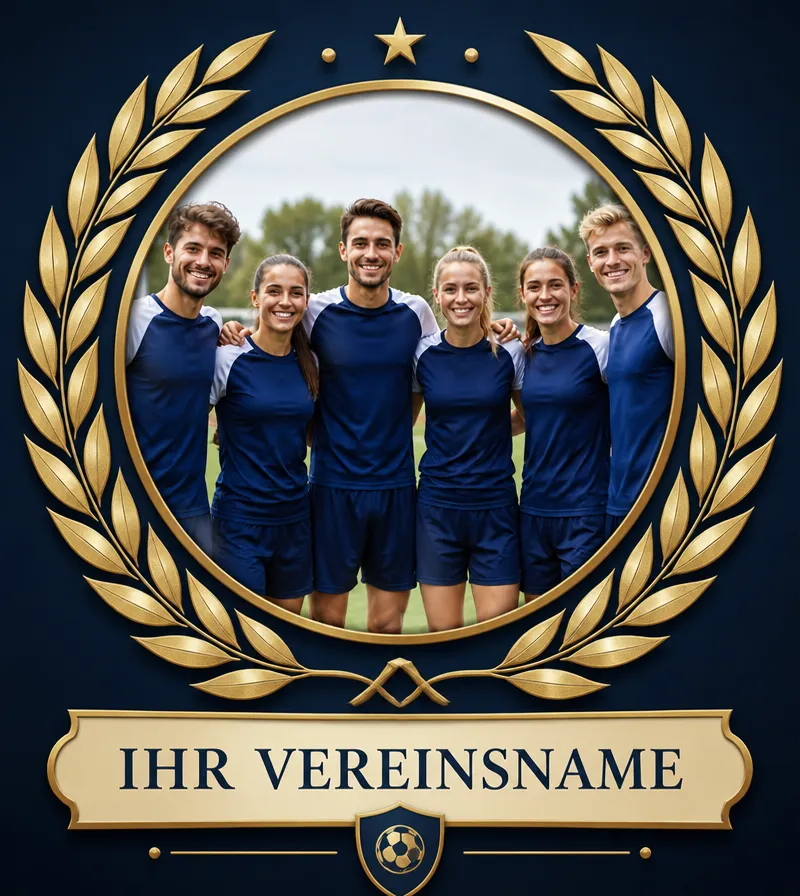 Vereins-Etikett mit Mannschaftsfoto im Medaillon