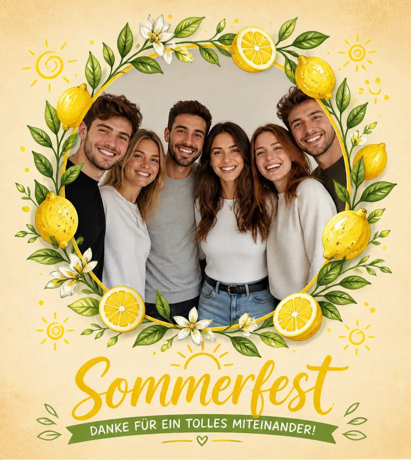 Sommerfest-Etikett mit Gruppenfoto